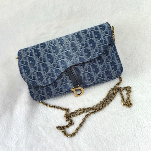 Dior 迪奧 馬鞍 鏈條包斜背包 藍色老花 金扣