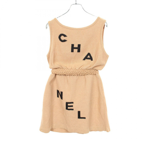 香奈兒 (CHANEL) Logo針織無袖背心半身裙套裝 #40 人造絲米色 二手女裝