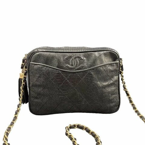 Chanel香奈兒黑金特殊皮流蘇相機鏈條包