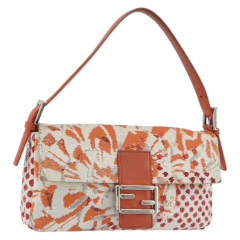 FENDI Mamma Baguette 肩背包 帆布亮片 橘色 銀色 正品 187605SM