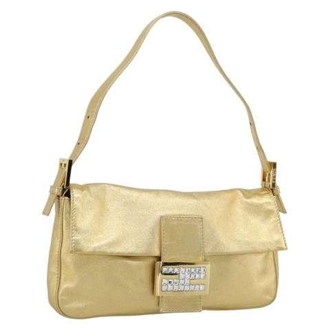 FENDI 鑲鑽 Mamma Baguette 單肩包 皮革 金色 Auth yk20666SAM