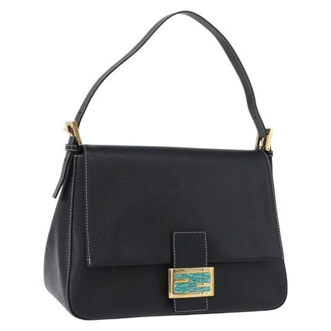 FENDI Mamma Baguette 單肩包，黑色金色皮革，正品 yk20691SAM