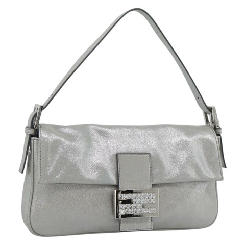 FENDI 鑲鑽媽媽法國棍包 皮革 銀色 8BR600 正品 yk20705SM