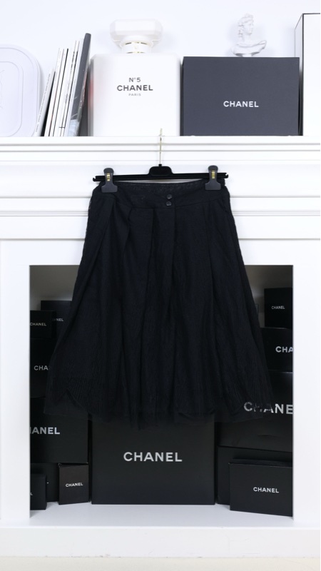 Chanel 00年黑色网面镂空毛毛滚边半裙