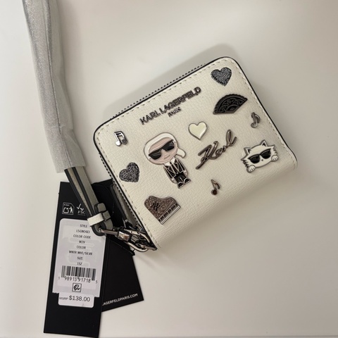 Karl Lagerfeld Paris 老佛爺貓咪立體徽章拉鍊短夾 白色 全新吊牌未拆