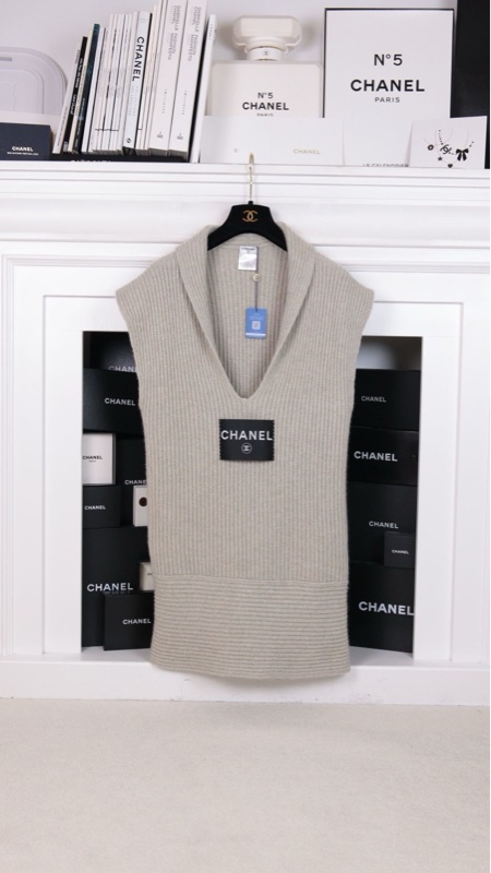 Chanel 08年灰色山羊绒V领无袖针织背心上衣外套