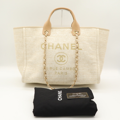 Chanel Deauville沙灘包 中號(缺子袋) 金鍊 米杏色織紋   托特包  購物包 手提包 肩背包 媽媽包 A66941