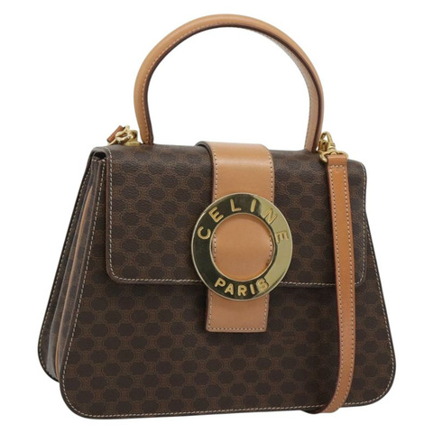CELINE Macadam帆布圓形手袋 PVC皮革 2way Brown Gold Auth BSZ648V