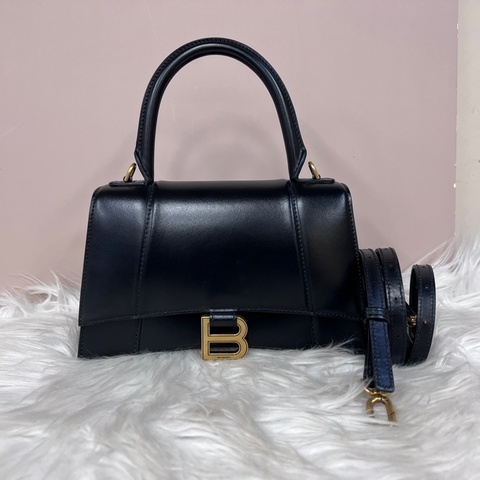 Balenciaga 黑滑面牛皮霧金釦小號手提肩斜背沙漏包