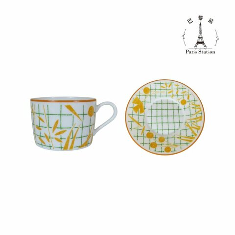 【巴黎站二手名牌專賣店】＊現貨＊HERMES 愛馬仕 真品＊ 漫步花園系列 橘綠色 金線包邊精緻茶杯碟組