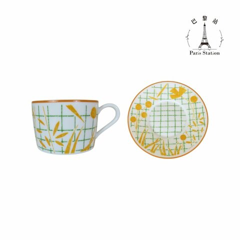 【巴黎站二手名牌專賣店】＊現貨＊HERMES 愛馬仕 真品＊ 漫步花園系列 橘綠色 金線包邊精緻茶杯碟組