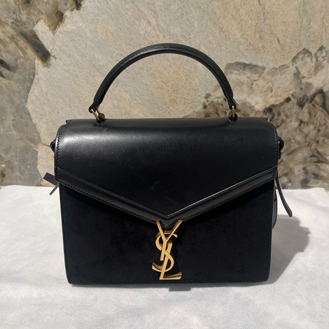 YSL黑牛皮品麂皮Cassandra掀蓋兩用包