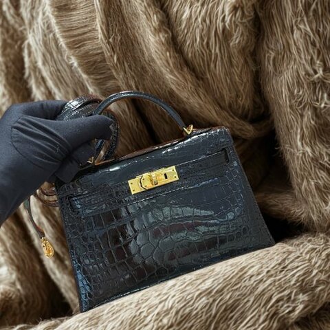 【極致天菜】HERMES MINI KELLY 二代 黑金 鱷魚皮 亮面