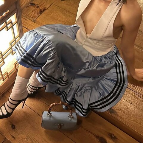 38號 ::Gucci x Adidas:: 聯名藍色桑蠶絲綢半身裙 經典三葉草GUCCI字黑色刺繡標誌