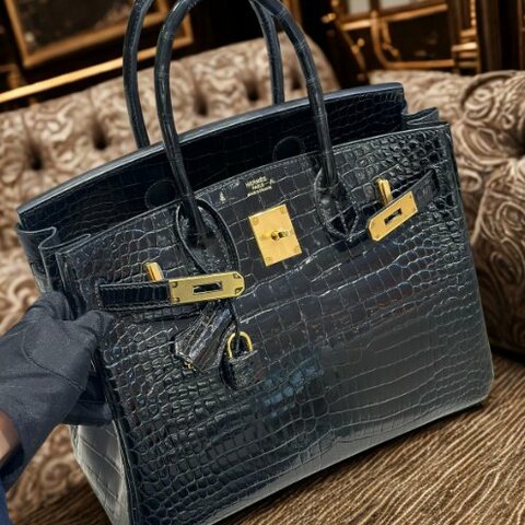 【極致天菜】HERMES 黑金 30CM BIRKIN 倒^鱷 亮面 鱷魚皮