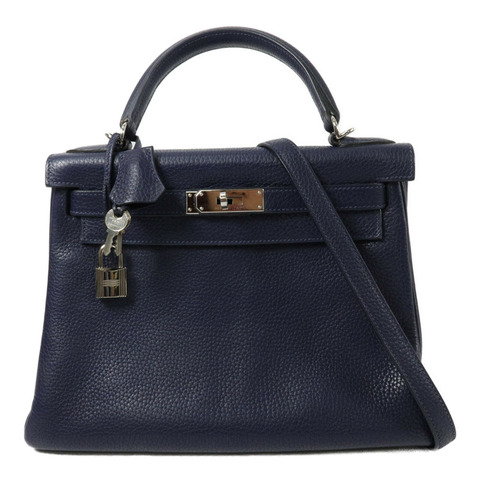 HERMES Clemence皮革Kelly 28手挽肩背兩用袋Blue Nuit