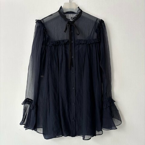 38號 ::韓韶禧 同款:: GUCCI:: 桑蠶絲深藍色透紗兩件式襯衫 Rruffle-detail silk chiffon shirt