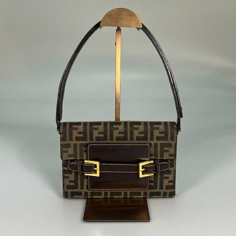 FENDI VINTAGE老花帆布掀蓋單肩斜跨包