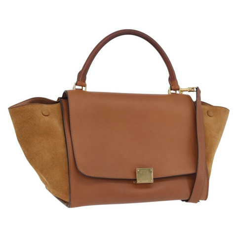 CELINE Trapeze 手提包 皮革 2way 棕色 金色色調 Auth 192822A