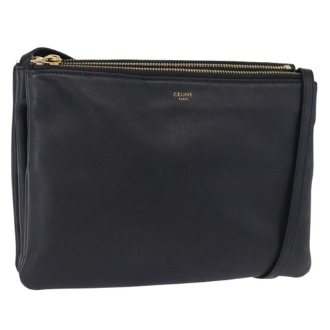 CELINE Trio 大單肩包，黑色皮革，金色飾邊，正品 ki6732V