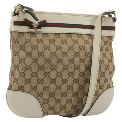 GUCCI GG帆布織帶雪莉系列精美手提包 米色 金色 257065 正品 193075V