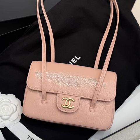 💎Chanel香奈兒｜Preppy coco 櫻花粉荔枝紋皮金扣｜閒置新芯片款