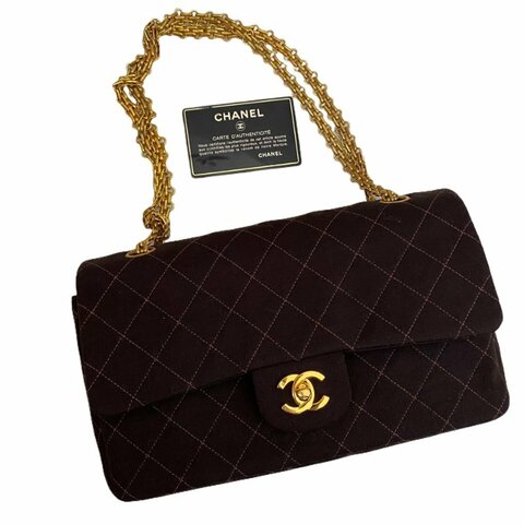 Chanel香奈兒菱格紋雙C 布面金棕CF鏈條包