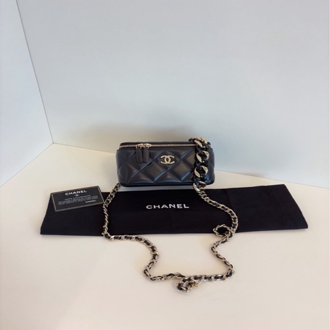 98新Chanel 香奈儿 黑淡金化妆包 拼接不规则链条 长盒子 化妆包 链条包 16*10*8
