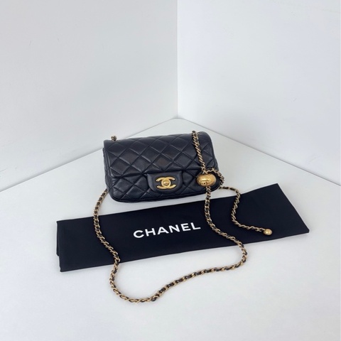 Chanel香奈儿 黑金菱格纹羊皮金球方胖子链条斜挎包13*18cm