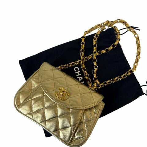 Chanel香奈兒菱格紋雙C扣金色雕花鏈條包