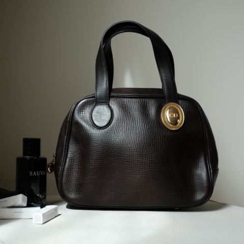 Dior Vintage 1980s 經典橢圓 CD 金標 蜥蜴壓紋皮革手提包