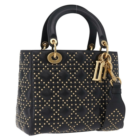 Christian Dior Lady Dior 鉚釘手提包 皮革 2way 黑色金色 Auth ki6712M