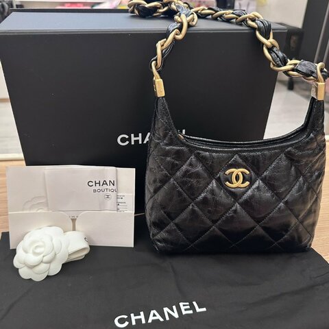 Chanel 香奈兒 黑金亮面牛皮 粗鍊HOBO 腋下包 單肩包 有購證 晶片款 AS4922