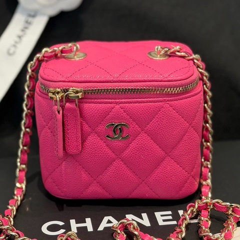 Chanel香奈兒23S 粉色荔枝皮mini 盒子包化妝包單肩斜挎包 鏡子膜在 23年芯片款