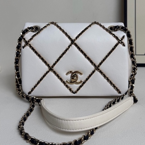 Chanel香奈兒 白色 稜格紋CF翻蓋鏈條包 單肩斜挎包
