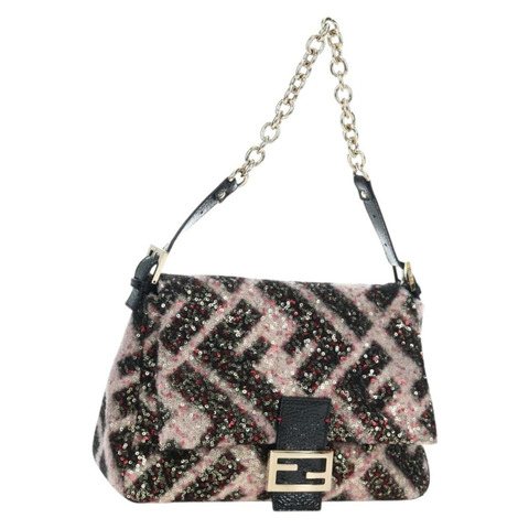 FENDI 鏈條媽媽法國麵包 羊毛亮片琺瑯黑粉色 正品 am12104SM