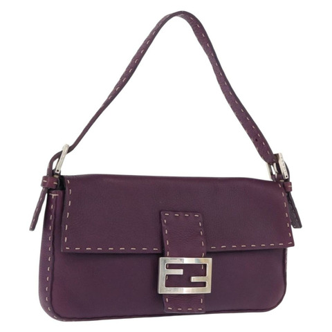 FENDI Selleria Mamma Baguette 單肩包 皮革 紫色 銀色 正品 am12005SAM