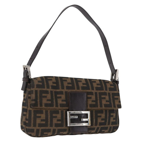FENDI Zucca帆布Mamma Baguette單肩包 棕色 銀色 正品 BA14206SAV