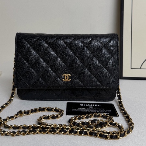 Chanel香奈兒 黑金荔枝紋牛皮 woc發財鏈條包 單肩斜挎包