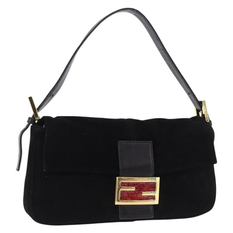 FENDI Mamma Baguette 單肩包，黑色金色調麂皮，正品 yk20635SAM