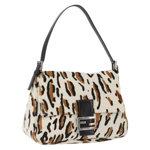 FENDI 豹紋 Mamma Baguette 單肩包 Harako 白銀 Auth yk20700SAM