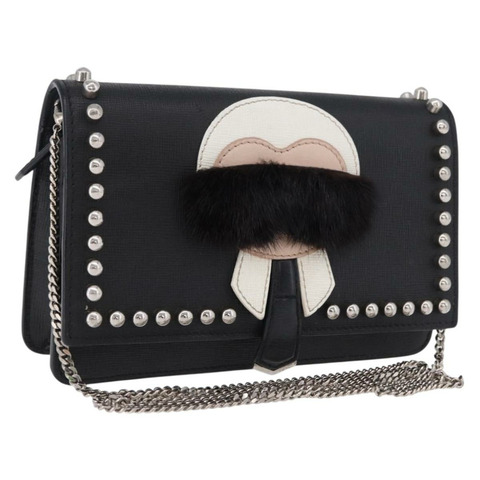 FENDI Karito 鏈條肩包 皮革 黑色 銀色 8M0346 正品 ka5424V