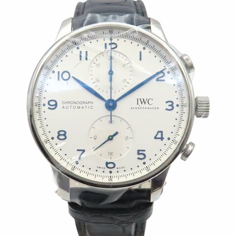【IWC 萬國】銀色錶面 不鏽鋼 深藍色錶帶 Portugieser Chronograph 腕錶 IW371605
