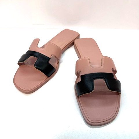 HERMES 愛馬仕 ORAN  H字平底拖鞋 粉黑雙色 ORAN #37