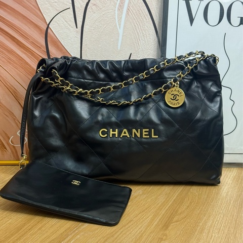 （台灣專櫃購證🇹🇼）Chanel 橫版22bag黑金垃圾袋✨最新晶片款