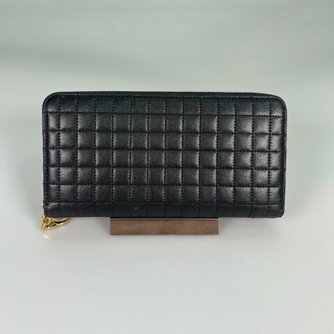 CELINE 黑牛皮 縫線方格ㄇ拉長夾