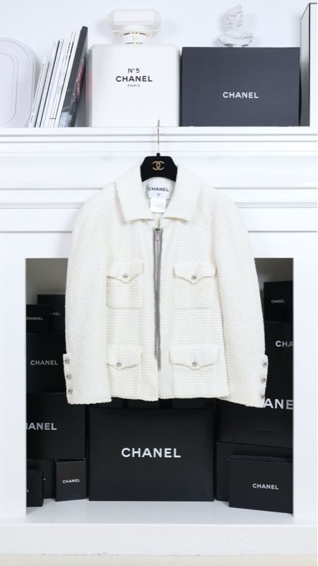Chanel 11年白色粗花呢四口袋拉链外套