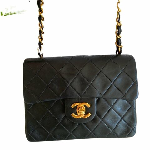 Chanel香奈黑金兒菱格紋雙C 扣方胖子鏈條包