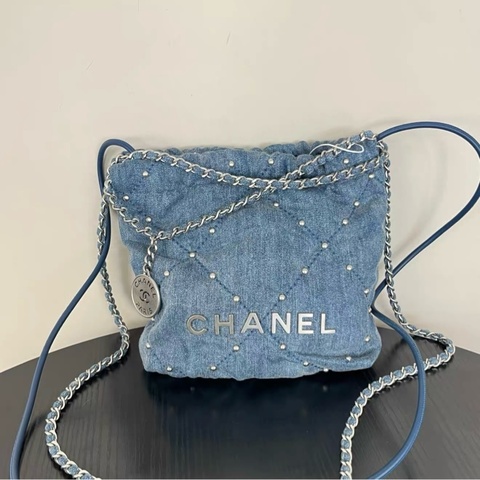 CHANEL 香奈兒 22bag 垃圾袋 藍色菱格紋牛仔銀扣鉚釘鏈條包單肩包 底長17 晶片款