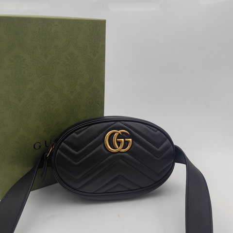 GUCCI 古馳 馬蒙 Marmont 黑色波浪紋牛皮腰包 腰帶75